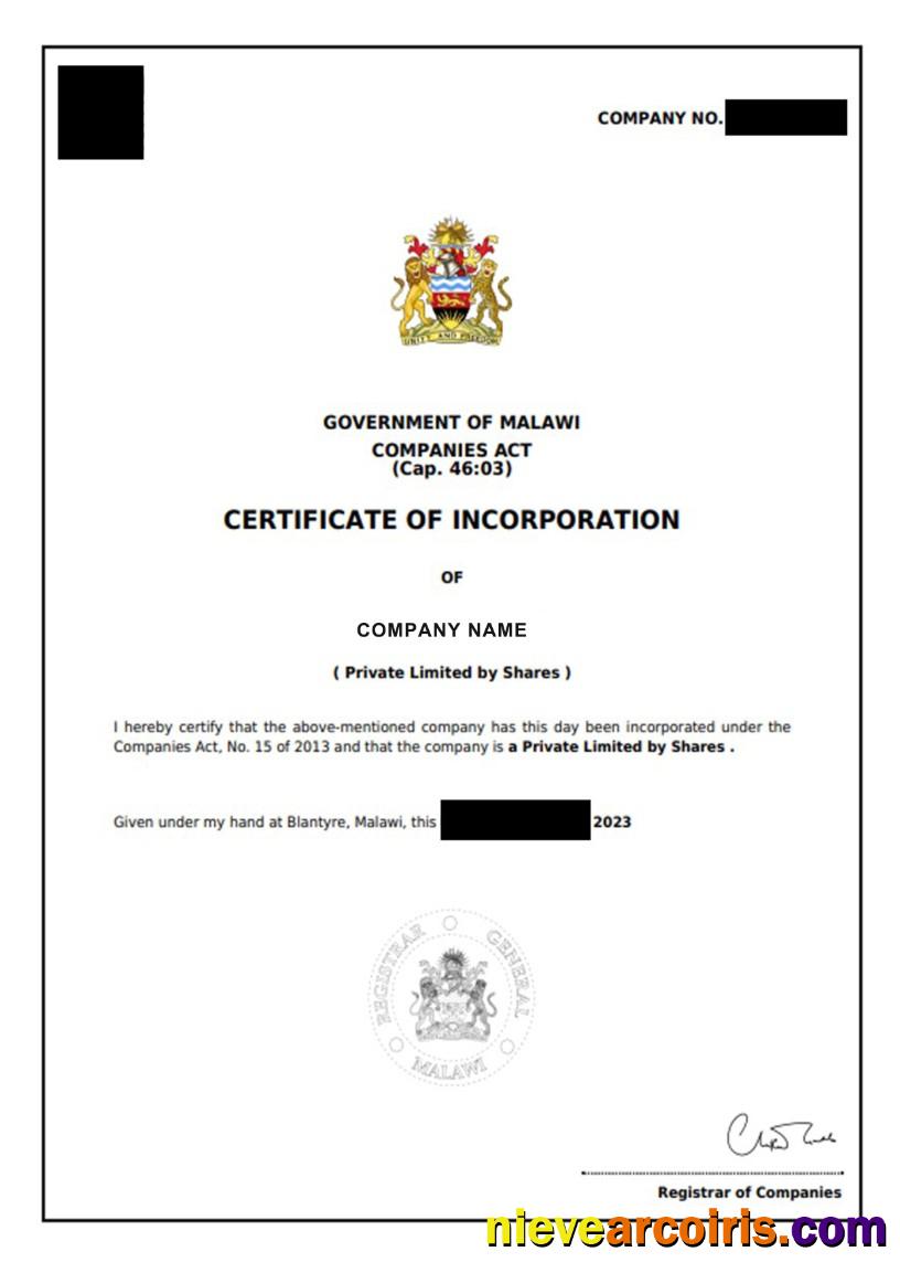 Malawi Certificate of Incorporation